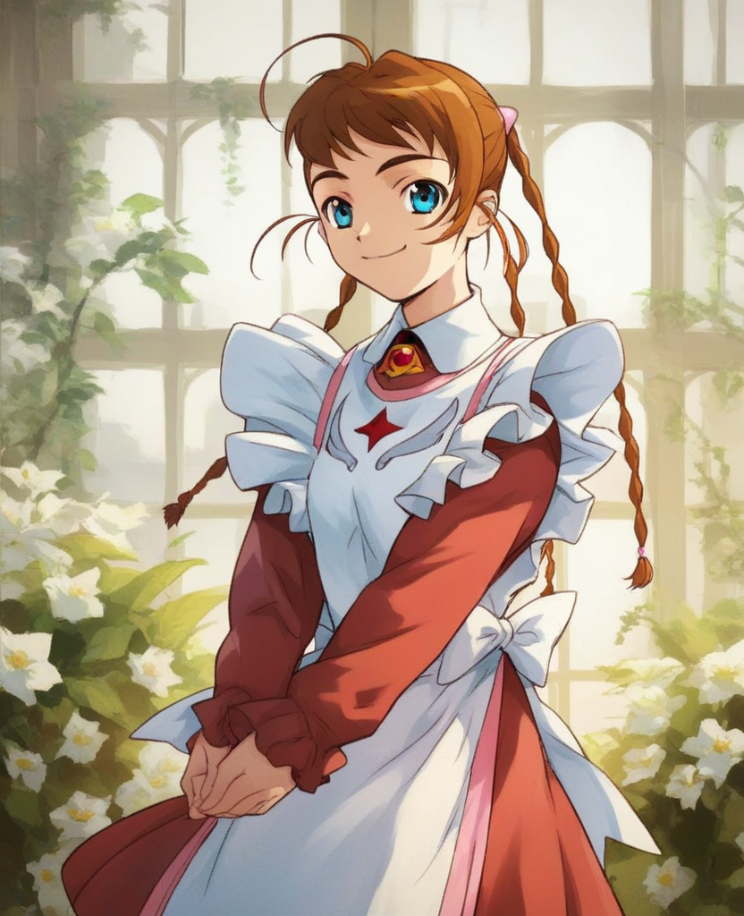 <lora:ArikaPony1.0:1> arikayumemiya, 1girl, brown hair, solo, braid, blue eyes, twin braids, ahoge, long sleeves, dress, maid, smile,standing, looking at viewer,  score_9, score_8_up, score_7_up, score_6_up, score_5_up, score_4_up
