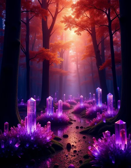 a crystalz fantasy forest, mythical forest, purple orange and black <lora:ral-crystalz:1>