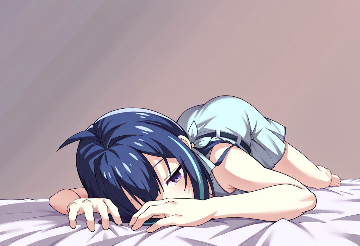 lazypos, character focused, anime girl, blue hair, soft lighting, pale skin, laying pose, delicate fingers, relaxed expression, pastel colors, short dress, ribbon details, bed surface, gentle shading, calm atmosphere, blue palette, light tones, subtle highlights, modern anime, clean outlines, minimal background, ashikostyle