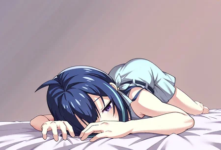 lazypos, character focused, anime girl, blue hair, soft lighting, pale skin, laying pose, delicate fingers, relaxed expression, pastel colors, short dress, ribbon details, bed surface, gentle shading, calm atmosphere, blue palette, light tones, subtle highlights, modern anime, clean outlines, minimal background, ashikostyle