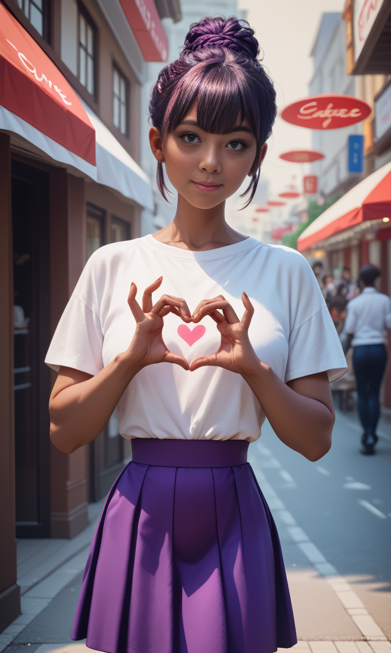 score_9, score_8_up, score_7_up, score_6_up, score_5_up, score_4_up,  slim girl in a street cafe ,  fiheartcl,  making heart with hands, purple short skirt and white blouse   , (dark short wild hairstyle)    <lora:FingerHeartPony:.8>