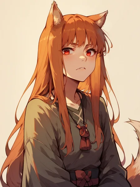 score_9, score_8_up, score_7_up, score_6_up, score_5_up, <lora:HoloXLP:1> holo, 1girl, wolf ears, long hair, solo, red eyes, ginger hair, wolf tail,