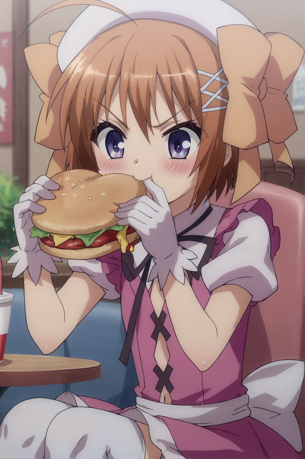 score_9, score_8_up, score_7_up,anime_source, source_anime, best background, detailed background, anime screencap,  Haruna, Magical Dress, sitting on a chair, eating burger, chair, indoors, solo, blush, <lora:JN_Haruna:0.8>