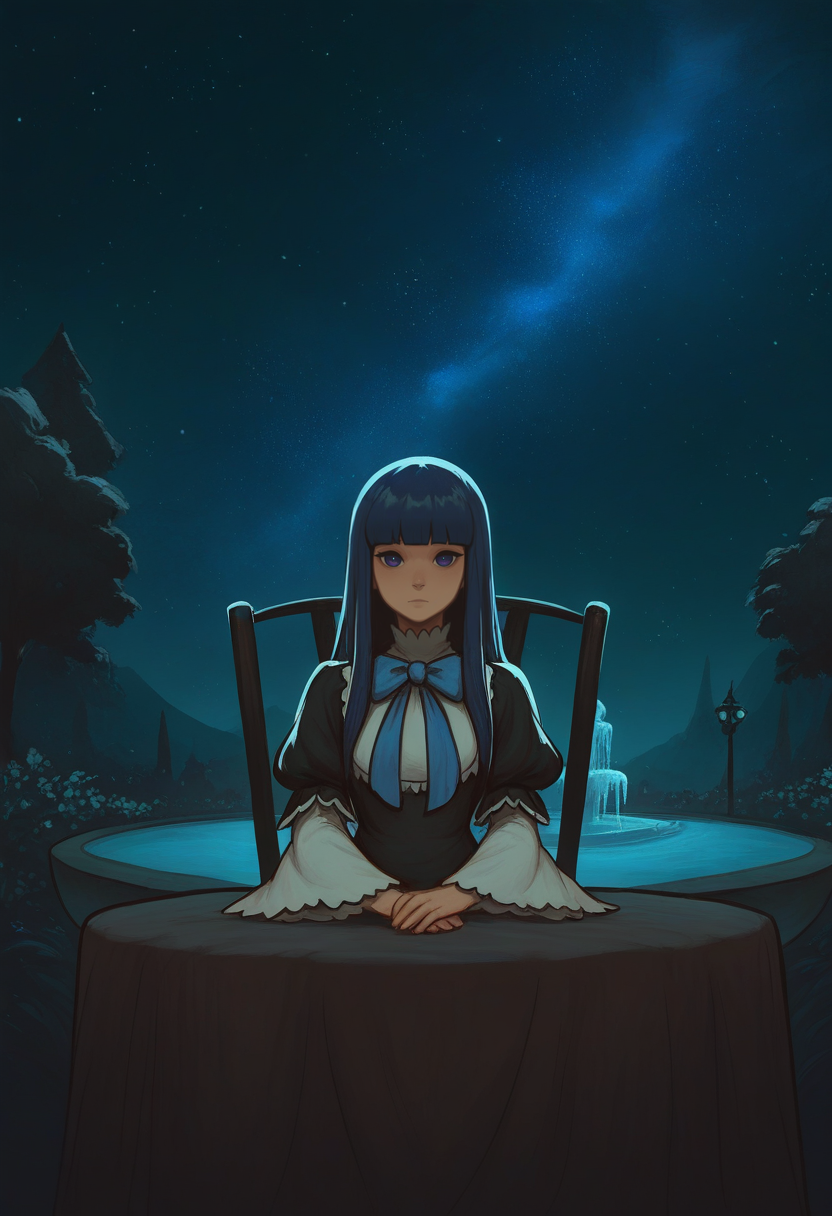 very awa, masterpiece, best quality, hightres, absurdres, pixelPaint, 1girl, frederica bernkastel, blue hair, long hair, blunt bangs, hime cut, goth fashion, chair, table, sitting, stars, galaxy, milky way,, garden,, fountain,  expressionless, looking at viewer, straight-on, surreal, dark skies, fog,, close-up,  <lora:PixelPaintStylez-IL:1>