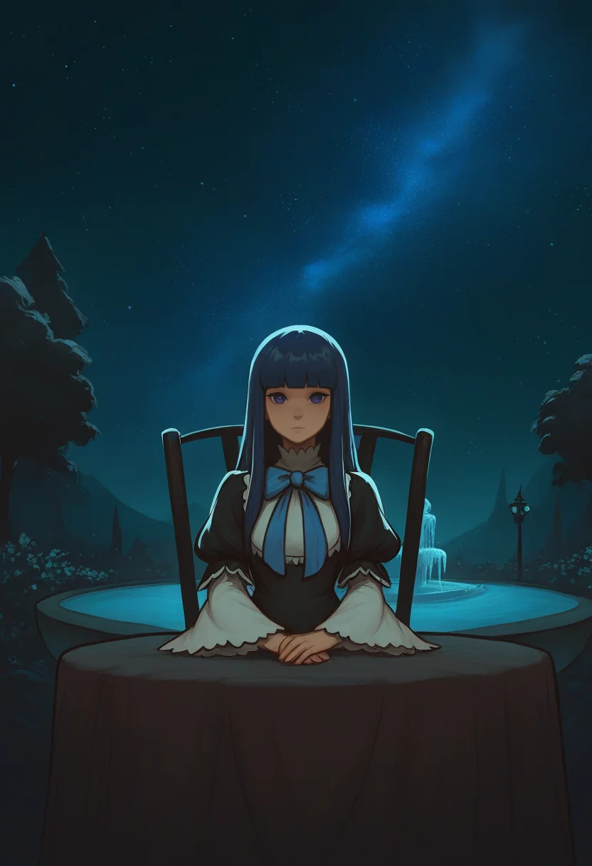 very awa, masterpiece, best quality, hightres, absurdres, pixelPaint, 1girl, frederica bernkastel, blue hair, long hair, blunt bangs, hime cut, goth fashion, chair, table, sitting, stars, galaxy, milky way,, garden,, fountain, expressionless, looking at viewer, straight-on, surreal, dark skies, fog,, close-up, <lora:PixelPaintStylez-IL:1>