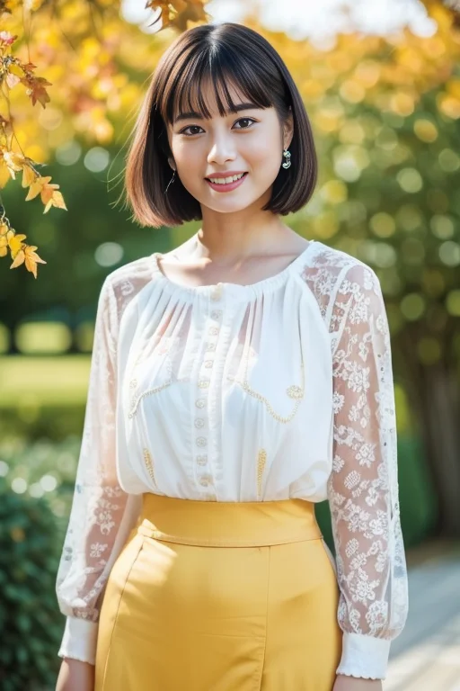 1girl,,(RAW photo, best quality), (realistic, photo-realistic:1.4), masterpiece, an extremely delicate and beautiful, extremely detailed, 2k wallpaper, Amazing, finely detail, extremely detailed CG unity 8k wallpaper, ultra-detailed, highres, soft light, beautiful detailed girl, extremely detailed eyes and face, beautiful detailed nose, beautiful detailed eyes,cinematic lighting,perfect anatomy,
(at a park), (autumn scenery),(golden gingko leaves in the background), Tokyo university, (bokeh)
(wearing  blouse) (long skirt)
(free poses)
(smiling)
 <lora:okubosakurako_lora:0.8>