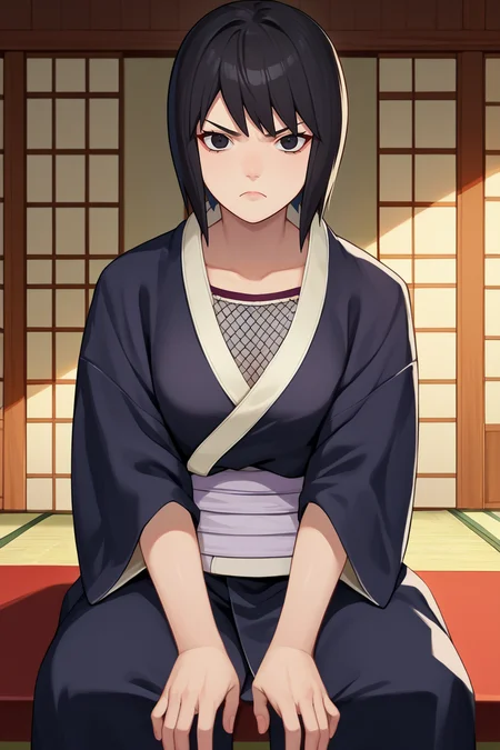 score_9, score_8_up, score_7_up, score_6_up, source_anime BREAK 1girl, solo, <lora:shizune-pdxl-nvwls-v1-000005:1> shizune, black hair, black eyes, black kimono, sitting, hands on own legs, indoors, japanese architecture, looking at you, serious, (big breasts:0.6)