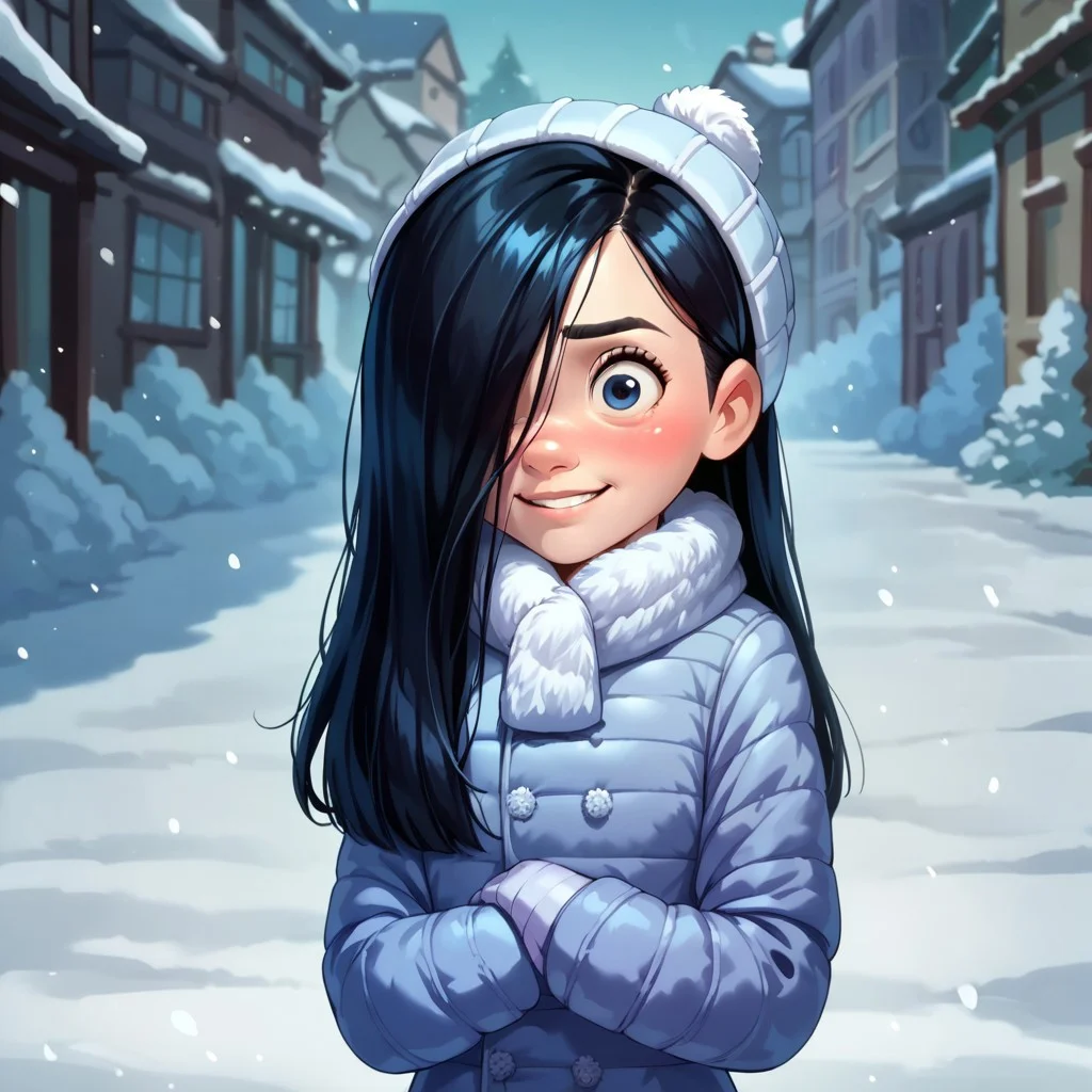 score_9, score_8_up, score_7_up, score_6_up, score_5_up, score_4_up, 1girl, VioletParr, long hair , hair covering one eye, black hair, blushing, , standing, light smile, snow clothes, winter clothes, snow
