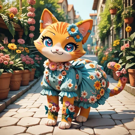 score_9, score_8_up, score_8, source_furry,
slimes_flowerwm,
1girl, solo, (cat:1.05), cute, heart pupils, smug, tail,
blurry background, dress made of flowers,
sunny meadow background, 
pikaole