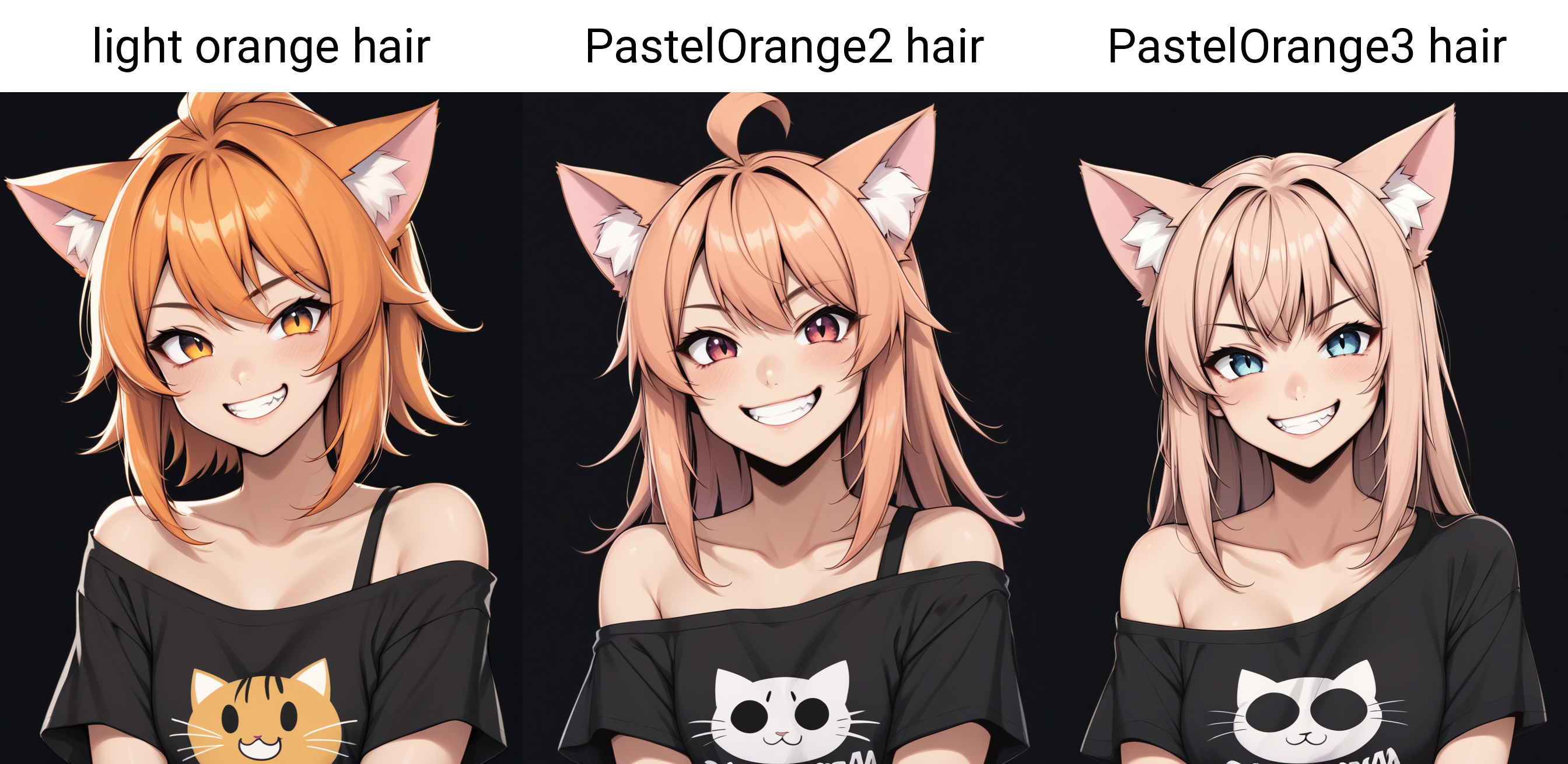 1girl, cute, cat ears, toothy grin, t-shirt, off-shoulder, light orange hair, black background