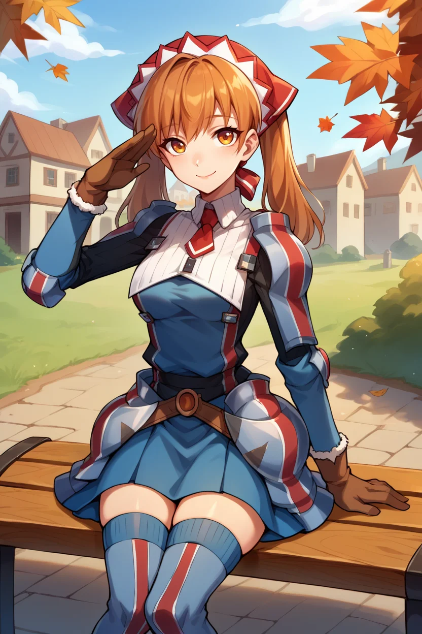 score_9, score_8_up, score_7_up, score_6_up, source_anime, BREAK 1girl, solo <lora:vcalicia-pdxl-nvwls-v1-000006:1> vcAlicia, headdress, blue shirt, armor, blue skirt, gloves, thighhighs, autumn, village, looking at you, sitting, bench, smile, salute, closed mouth