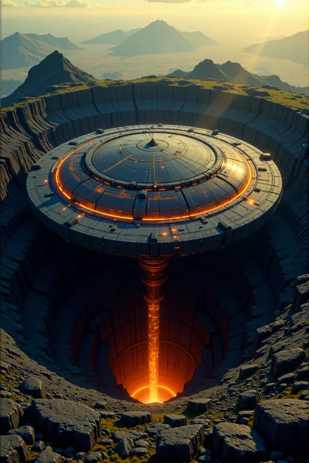 <lora:Legacy_of_the_forerunners_r1:0.8>
Perched atop a jagged basalt mesa, a massive, disk-shaped superstructure with four monumental legs anchors into the rock like the remains of a planetary regulator. Around the diskâs rim, sequential vents and alloy rings glow faintly orange, suggesting thermal processes still flickering within. The legs disappear into crevices cut deep into the mesaâs base, connecting to older conduits too ancient to map. The mesa itself is laced with erosion lines that converge toward the center, as though the surrounding land was once terraformed in synchronization with the core above. The overall form evokes planetary-scale computation or climate control. Style: volcanic-tech fusion with layered atmosphere depth and warm-cool palette blending basalt black, ember orange, and ash-gray. Camera: wide helicopter view under late evening sun, casting monumental shadows across the chasm.