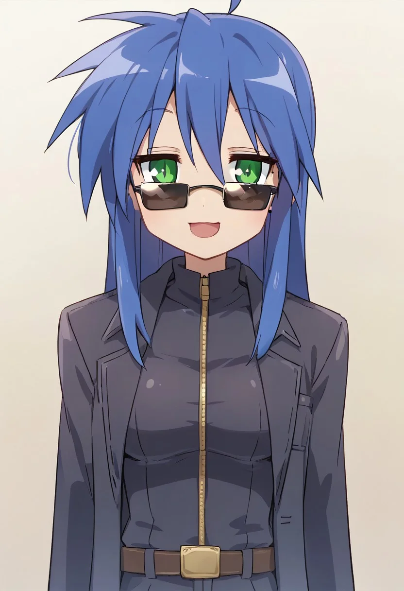 score_9, score_8_up, score_7_up,source_anime, masterpiece, ultra detailed, highres, 4k, best quality, BREAK, <lora:konata:0.7> Konata Izumi, solo, long hair, ahoge, mole, glossy hair, smooth hair, shiny hair, albertwesker, black gloves, sunglasses, belt, pants, long coat, trench coat, black coat, black pants, smile, mouth open, dark blue hair, medium breasts, round breasts, adult, mature, aged up, cute, cute face, evil smile, side glance, lowering shades, slit pupils, green eyes, looking at viewer, arrogant
