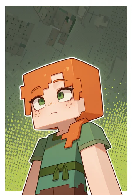 <lora:alexmc-10:1> alexmc, orange hair, 1girl, solo, green eyes, long green shirt, brown pants, short sleeves, freckles, square arms, square body, green waist ribbon,  minecraft world,, masterpiece, best quality, amazing quality, very aesthetic, absurdres, newest,, upper body, halftone effect, white borders, abstract background:1.2,