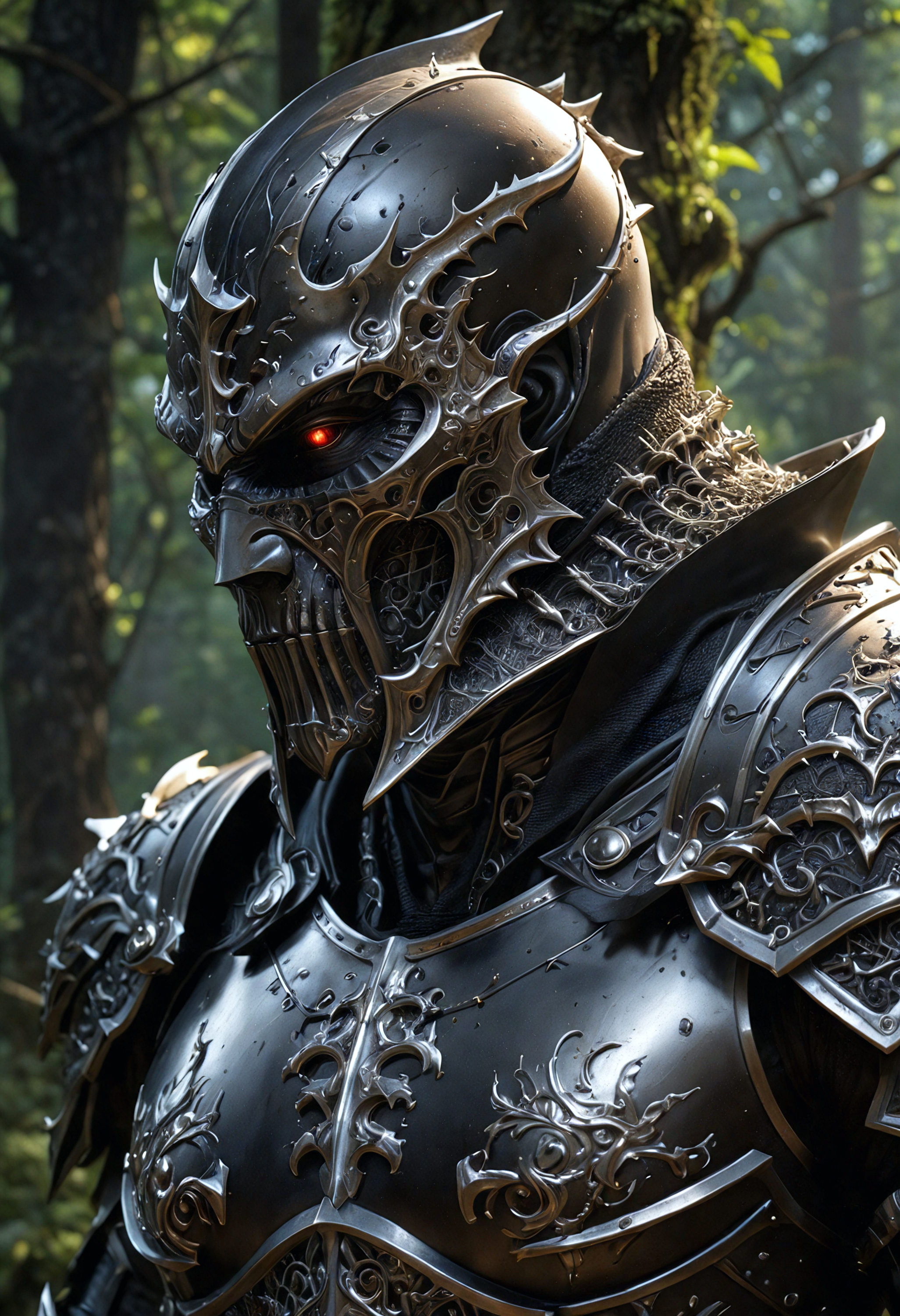ultra detailed, hyper realistic, side profile view realistic photo, ultra high textured, ultra high quality, Black death knight in full armor,  Miki Asai style Macro photography, close-up, hyper-detailed, popular on ArtStation, sharp focus, Greg Rutkowski-inspired intricacies, highly detailed, dramatic lighting, ultra-clear, forest background