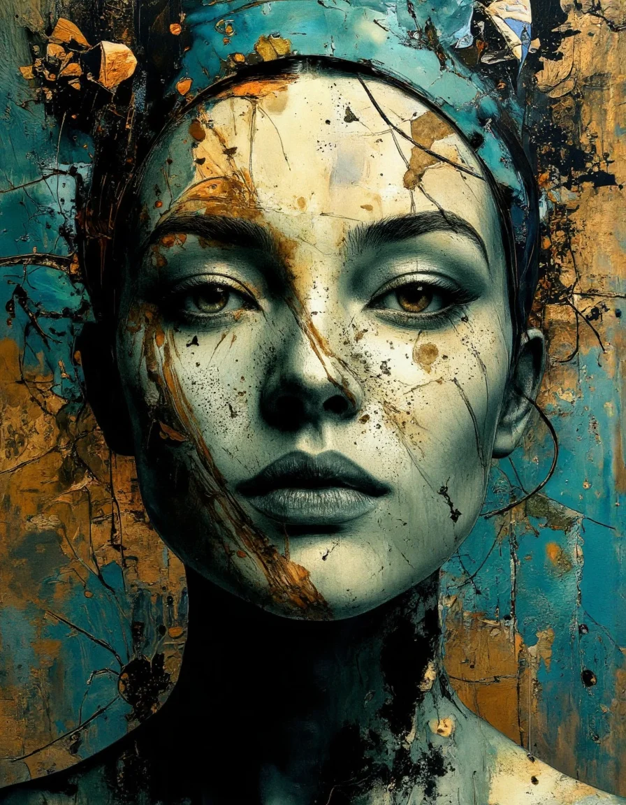 Art by Juan Brufal.
A painting featuring a surreal, abstract portrait of an ethereal minimalist Alien race cybergoth fashion photography painting, in the style of teal and gold, use of palette knives, waist-high portrait, intricate, sharp focus, concept art, background zentangle fog.