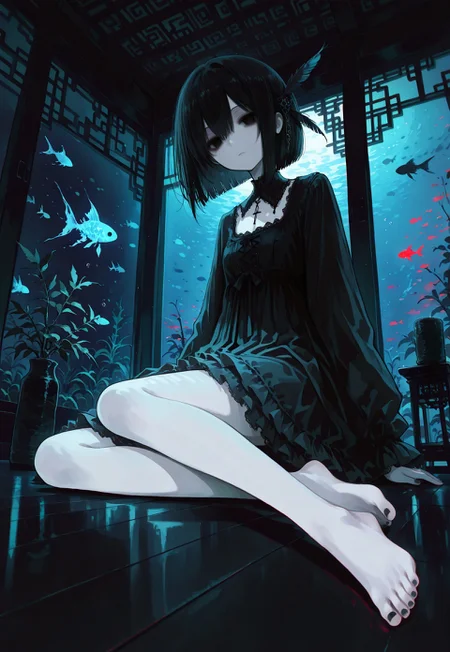 masterpiece,  best quality, good quality, very awa,  very aesthetic, absurdres, newest, 8k, HDR, focused subject, oc-chan_(ketopon), 1girl, solo, black hair, bob cut, hair between eyes, feather hair ornament, black eyes, solid eyes, expressionless, pale skin, goth fashion, frilled dress, square neckline, high collard,lace trim, feet, toes, toenail polish, sitting on floor, yokozuwari, yunomi, from below, three quarter profile, head tilt, aquarium, aquascape, spotlight, glowing fish, decorative plant, modern interior, east asian architecture, soft lighting, indoors, scenery,  dark theme,chromatic aberration, limited palette,intricate, no lineart, no outline, 15546+456868, r17329_illu,
