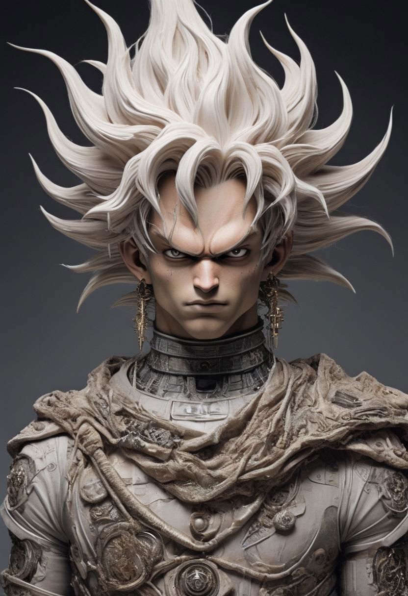 So'n Goku From Dragon Ball in Paul Gaultier Advertisement, very detailed, hd, Power Aura, Studio, PEHighContrast, by Moebius, futuristic-futuristic, (bizarre otherworldly technological advanced galactic civilization but extremely beautiful:1.4), in the style of nicola samor