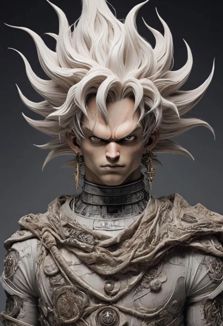 So'n Goku From Dragon Ball in Paul Gaultier Advertisement, very detailed, hd, Power Aura, Studio, PEHighContrast, by Moebius, futuristic-futuristic, (bizarre otherworldly technological advanced galactic civilization but extremely beautiful:1.4), in the style of nicola samor