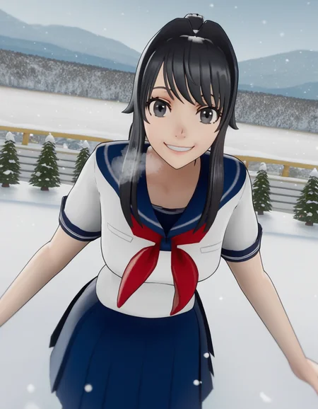 score_9, score_8_up, score_7_up, source_anime, <lora:ayano-aishi-ingame-ponyxl-lora-nochekaiser:1>, ayano aishi, long hair, black hair, black eyes, ponytail, medium breasts, 3d,, skirt, school uniform, serafuku, neckerchief, blue skirt, pleated skirt, sailor collar, short sleeves,, snow day, winter clothes, snowball fight, laughter, cold breath, white landscape, smile, looking at viewer, leaning forward, smile,, solo,, cowboy shot, dutch angle