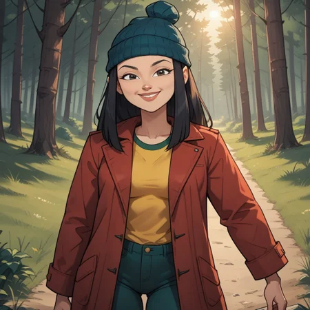 score_9, score_8, BREAK, solo, black hair, beanie, lips, red coat, yellow shirt, dark green pants, sneakers, breasts, total drama, Mary_Kate_(Total_Drama), sexy pose, self portrait, smile, outdoors, sunlight, shadows, evening lighting, natural lighting, forest, trees, grass, orange sky, sunset
