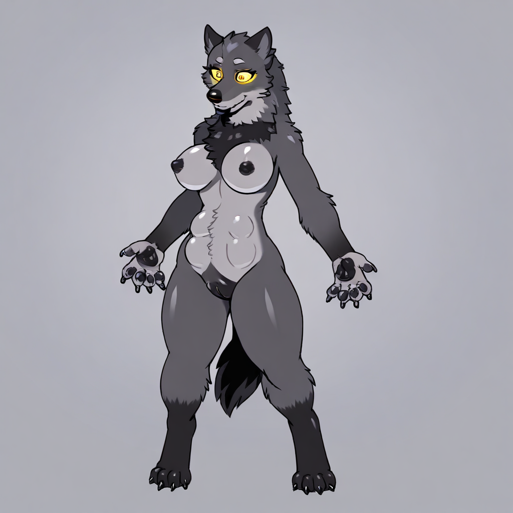1 wolf, female semi-anthro, black canine pussy, breasts, yellow eyes, yellow sclera, black pupils, Light grey body, white underbelly, shiny fur, 4 toes, 5 fingers, pawed fingers, black claws, standing, solo,