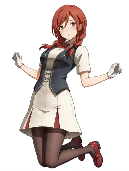 masterpiece,best quality,newest,
1girl,solo,
<lora:t_hibari_b_ilxl_v1.1:1>,t_h_b,red hair,twin braids,brown eyes,
h_clothes,red ascot,white gloves,black vest,white skirt,black_pantyhose,red footwear,
<lora:Fixhands_anime_bdsqlsz_V1:1>,light_blush,cinematic_angle,looking_at_viewer,jumping,full body,parted lips,sweatdrop,white_background,simple_background,dynamic_angle,