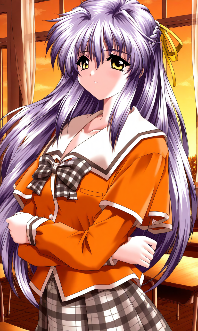 general,highres, ultra-detailed,very aesthetic,best quality ,best hands, BREAK <lora:Nishikujo_Shion_Akumu_AoiKajitsunoSange_IS:1>
Nishikujo_Shion, 1girl, solo, light purple hair, long hair, half updo, yellow eyes, hair ribbon, yellow ribbon, small breasts,
orange school uniform, ribbon, white and gray skirt, outdoors, , crossed arms,
plaid skirt, plaid bow, long sleeves, serafuku,
School, class room, curtain.