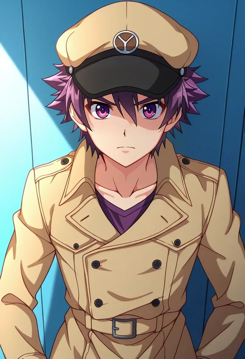 masterpiece, best quality, , anime screencap, anime coloring, , looking at viewer, , 1boy, solo, male focus, <lora:yoichi_yukimura_ilxl:0.94>, yoichi_yukimura, purple hair, purple eyes, short hair, spiked hair, , , trench coat, flat cap