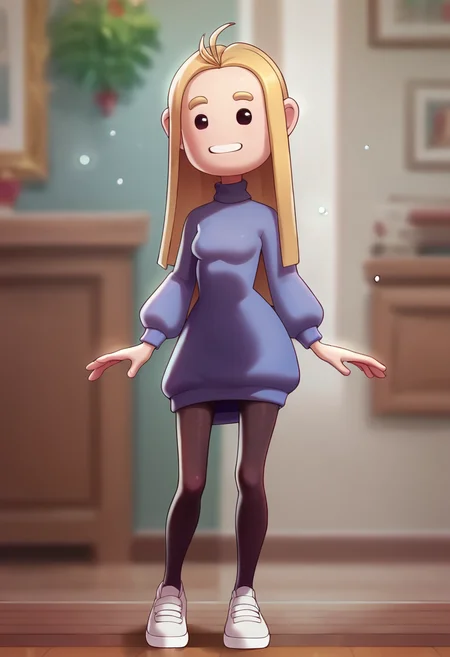 score_9, score_8_up, score_7_up, 1girl, solo,  beautiful, savannahXYZ, 1girl, solo, long hair, smile, blonde hair, standing, pantyhose, shoes, sweater,  white footwear, purple sweater,  detailed picture, bokeh, comfortable, highly detailed 
<lora:savannahXYZ:1.0>
