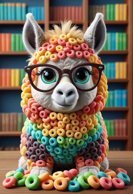 a cute chibby alpaca with big rainbow eyes made made of fruit loops, very detailed, 4k, sharp, (wearing glasses), intelligent donkey, library background