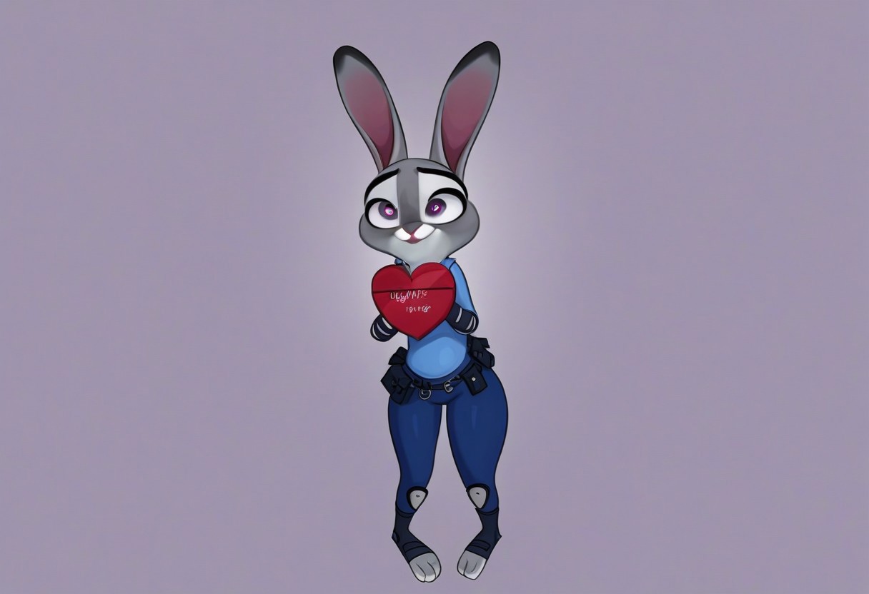 heart floating, heart-shaped pupils, aroused, heart eyes, cupid arrow, Valentine's day themed, Judy Hopps,  police outfit, 1 girl