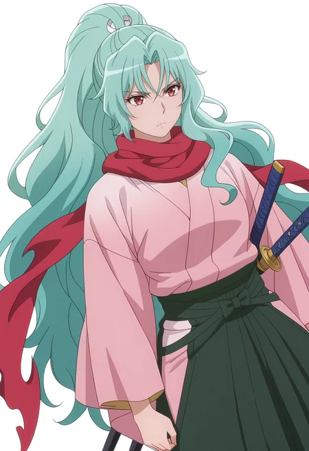 Smooth Quality,masterpiece, ultra realistic,
simple background, white background,
dutch angle,serious,wind,
<lora:Tomoecnn:0.8> sofia/cnn, 1girl, long hair, scarf, ponytail, red eyes, japanese clothes, katana, green hair, very long hair,