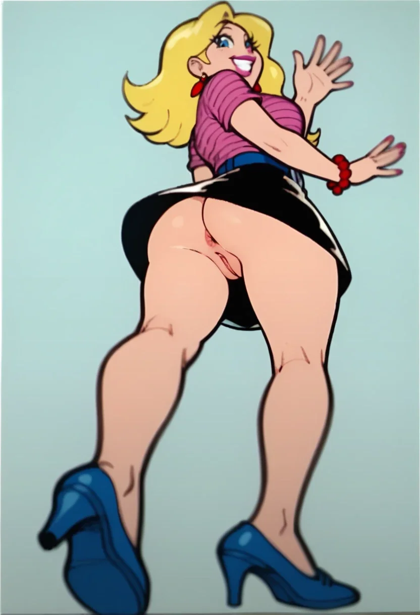 SuzanaTDM, 1girl, pink lips, lipstick, long blonde hair, blue eyes, red earrings, pink shirt, striped shirt, black skirt, red bracelet, blue belt, silver belt buckle, blue high heels, solo, full body, official art,from below, anus pussy, low angle, grin, waving hand, big butt,