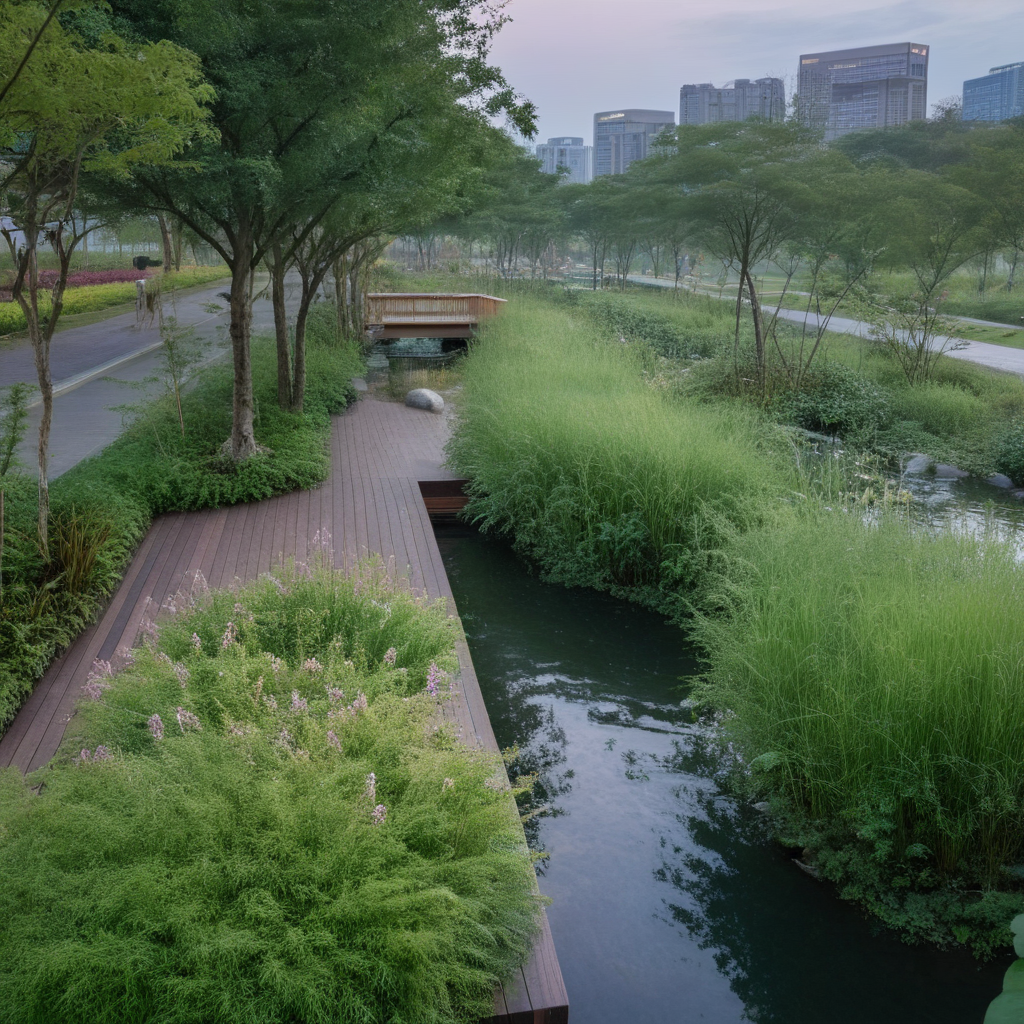 <lora:JJsEcology_Park_XL:1>, ((Ecology Park)),masterpiece , best quality, Landscape, scenery, outdoors, building, tree, sky, real world location, grass, bush, flower, city, water, lawn, sidewalk, ivy, bench,sakura, dawn, rain,pond,day, column, beam, RAW photo, subject, 8k uhd, dslr, soft lighting, high quality, film grain, Fujifilm XT3, aquatic plants, wood hand rail, soil, wild grass,  river, rock,pebble, fish under water,