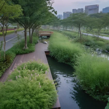 <lora:JJsEcology_Park_XL:1>, ((Ecology Park)),masterpiece , best quality, Landscape, scenery, outdoors, building, tree, sky, real world location, grass, bush, flower, city, water, lawn, sidewalk, ivy, bench,sakura, dawn, rain,pond,day, column, beam, RAW photo, subject, 8k uhd, dslr, soft lighting, high quality, film grain, Fujifilm XT3, aquatic plants, wood hand rail, soil, wild grass,  river, rock,pebble, fish under water,