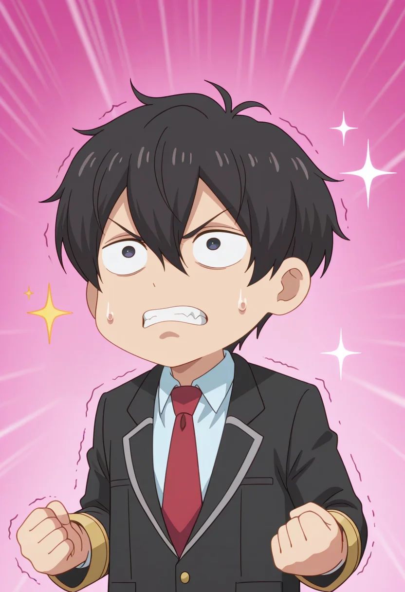masterpiece, best quality, amazing quality,high resolution,intricate details,official style,depth of field, , , 1boy, solo, male focus, <lora:Leon_Fou_Bartfort:0.82>,leon fou batfort,black hair,short hair,shirt, long sleeves, hair between eyes, jacket, school uniform, teeth, necktie, collared shirt, chibi face, sweatdrop, sparkle,wide eyes, pink background, red necktie, clenched teeth, clenched hand, clenched hands,parody,ritted teeth, twitching eyes,exaggerated expression