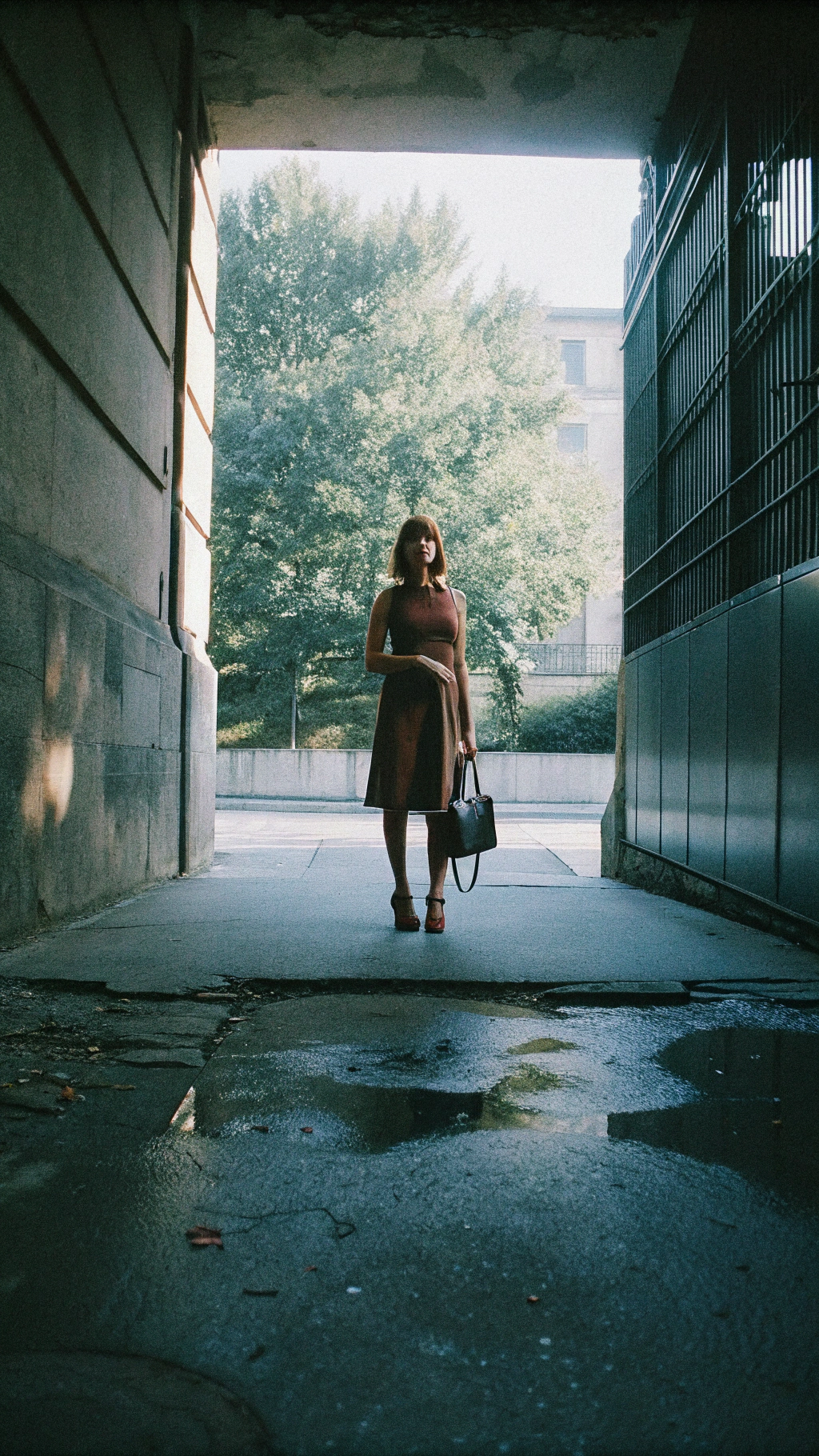 A 28-year-old slim European woman stands confidently in a stylish brown dress. Urban background, soft natural lighting, elegant heels, minimalistic jewelry, and leather handbag complete her look. standing at full height, full-body shot, head-to-toe view, entire outfit visible 
