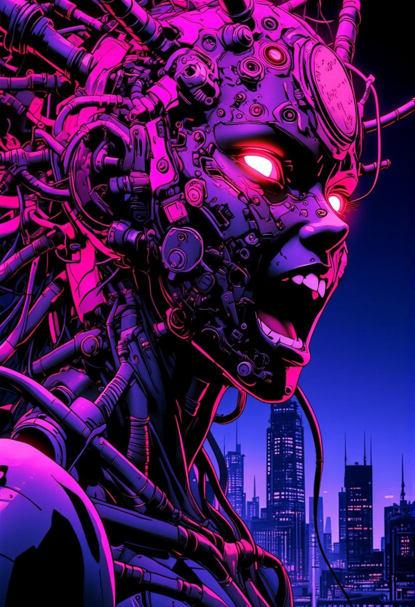 This anime cyberpunk image is a highly detailed digital artwork in a futuristic, cyberpunk style. It features a close-up of a cyberpunk woman with a  mechanical appearance. The woman's face with an open mouth displaying teeth, giving the impression of intense emotion. The woman has bright, glowing eyes that emit a neon pink hue, adding a surreal and otherworldly quality to the scene. The woman's head is adorned with a crown-like structure made of intricate, glowing pink and purple circuitry, which contrasts starkly with the dark, almost black background. This circuitry appears to be fused with the woman's head, suggesting a merging of organic and mechanical elements. The background is a gradient of dark blues and purples, with faint, blurred silhouettes of towering buildings, suggesting a cityscape in the distance. The overall color palette is dominated by neon hues, emphasizing the high-tech, futuristic theme. Image taken from the left side of woman