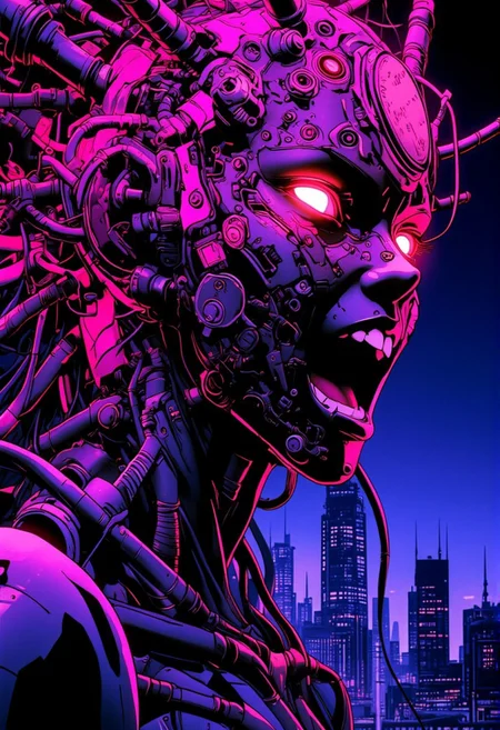 This anime cyberpunk image is a highly detailed digital artwork in a futuristic, cyberpunk style. It features a close-up of a cyberpunk woman with a  mechanical appearance. The woman's face with an open mouth displaying teeth, giving the impression of intense emotion. The woman has bright, glowing eyes that emit a neon pink hue, adding a surreal and otherworldly quality to the scene. The woman's head is adorned with a crown-like structure made of intricate, glowing pink and purple circuitry, which contrasts starkly with the dark, almost black background. This circuitry appears to be fused with the woman's head, suggesting a merging of organic and mechanical elements. The background is a gradient of dark blues and purples, with faint, blurred silhouettes of towering buildings, suggesting a cityscape in the distance. The overall color palette is dominated by neon hues, emphasizing the high-tech, futuristic theme. Image taken from the left side of woman