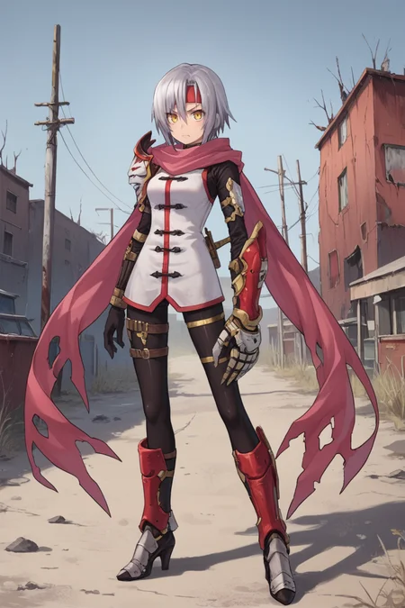 score_9, score_8_up, score_7_up, score_6_up, source_anime, BREAK, <lora:Zilva:0.6> , zildef, 1girl, short hair, grey hair, yellow eyes, red headband, (mask over one eye), holding mask, scarf, pink scarf, white sweater vest, white shirt, bodysuit, bodysuit under clothes, (single gauntlet), black gloves, sheathed, (asymmetrical footwear), single leg warmer, red leg warmer, armored heels, looking at viewer, angry, closed mouth, full body, <lora:detailed_backgrounds_v2:0.6> , masterpiece, best quality, very aesthetic, absurdres, wasteland, outdoors, nature, blue sky, <lora:Concept Art Eclipse Style LoRA_Pony XL v6:0.3> , concept art, realistic,