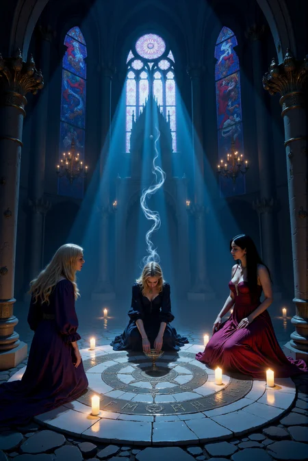 <lora:FANCHA_v.4:0.99> Fancha style. In a grand, gothic cathedral shrouded in dim blue light, three women are situated within an elaborate occult ritual. The scene is defined by towering stone columns inscribed with ancient runes, while ethereal, multicolored light streams through large stained-glass windows, casting vivid hues across the stone floor. Each window features intricate, sacred iconography, blending celestial symbols with gothic arches. The vaulted ceiling is shadowed, save for faint glimmers from high chandeliers, dripping with candles that add a haunting warmth to the overall cool, mystical tones. The woman on the left, dressed in a rich, purple corset and flowing dark skirt, has long, golden hair that flows in subtle waves, catching the light in a soft shimmer. Her expression is a mixture of curiosity and alarm as she reaches up, as though to touch or sense something unseen. At the center, a woman in a dark, black dress with plunging neckline and voluminous sleeves leans forward within a mystical circle etched onto the stone floor, surrounded by softly flickering candles. Wisps of spectral mist rise from the circle, swirling around her outstretched hand, which hovers over the arcane symbols as though channeling energy. Her intense gaze and the shadows cast by her hair create an aura of dark enchantment. To the right, a third woman, elegantly draped in a crimson gown that contrasts starkly with the cool tones around her, exudes an air of serene confidence. Her dark, wavy hair frames a calm, contemplative face. She rests one hand on the floor beside her, with her gaze directed slightly upward, as though sensing a power beyond the visible realm. Delicate lace gloves cover her hands, adding a gothic elegance that complements the scene's mystical atmosphere. The atmosphere is thick with mystery and magic, punctuated by the soft glow of candles that line the ritual circle, casting a golden light onto the cold, blue-tinged floor. Shadows from flickering flames dance on the walls, enhancing the sense of otherworldly energy as the women appear engaged in a potent, spellbinding ritual within this ancient, hallowed space.