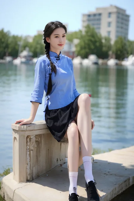 54female, a girl sitting, blue shirt, black skirt, twin braids,white socks,best quality, masterpiece, highres,(RAW photo:1.2), (photorealistic:1.4),(masterpiece:1.4),(best quality:1.4),ultra high res,HDR,8k resolution,original,finely detail,full body,