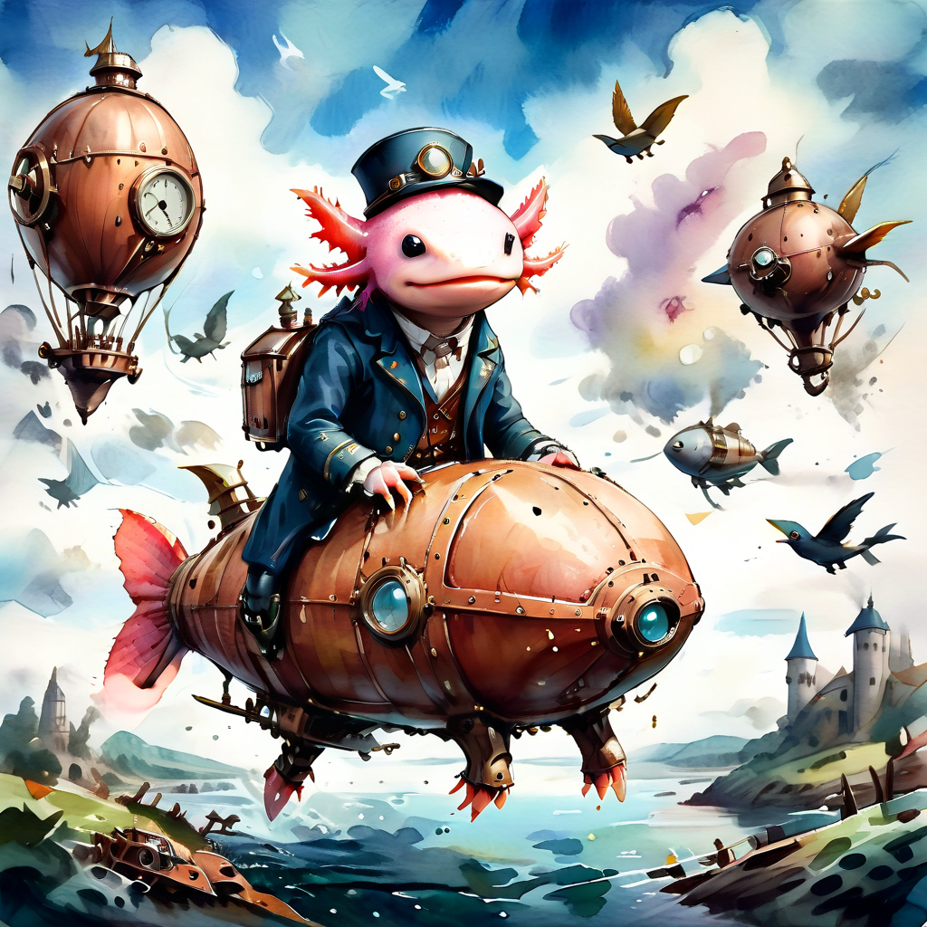 axomodelxl, axolotl in a steampunk dirigible, navigating through a sky filled with airships and mechanical birds, (watercolor style)