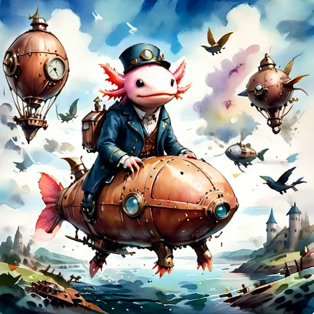 axomodelxl, axolotl in a steampunk dirigible, navigating through a sky filled with airships and mechanical birds, (watercolor style)