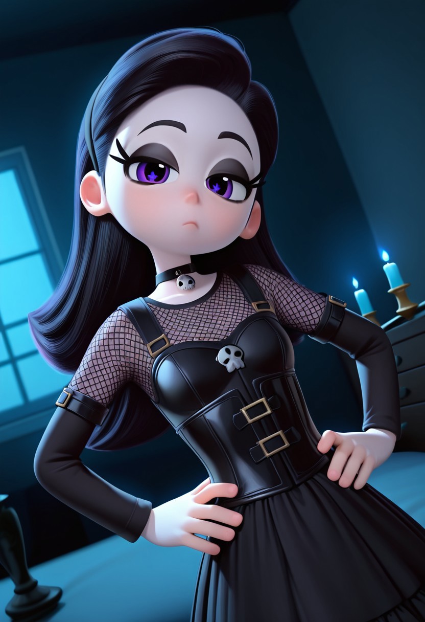 Purple_Star, 1girl, solo, Goth girl, black bow, black headband, black  eyeshadow, black makeup, black, black_hair, Pale white skin, Choker, black leather corset top, Mesh shirt, black long-sleeve Top, black ruffle Skirt, black knee-high Boots,  (Bored,dutch angle, Hands on hips,naughty pose, looking at viewer, indoors, Dark room, candle, blue light, skull, dynamic pose, upper body, head tilt,),