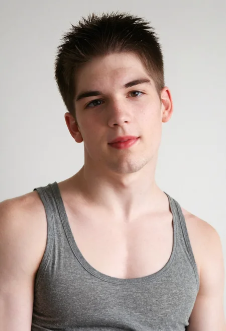aidenperson, pale skin <lora:aiden_twink_sdxl_v1-000010:1> close-up portrait, relaxed confident expression, wearing a grey tank top, white background
