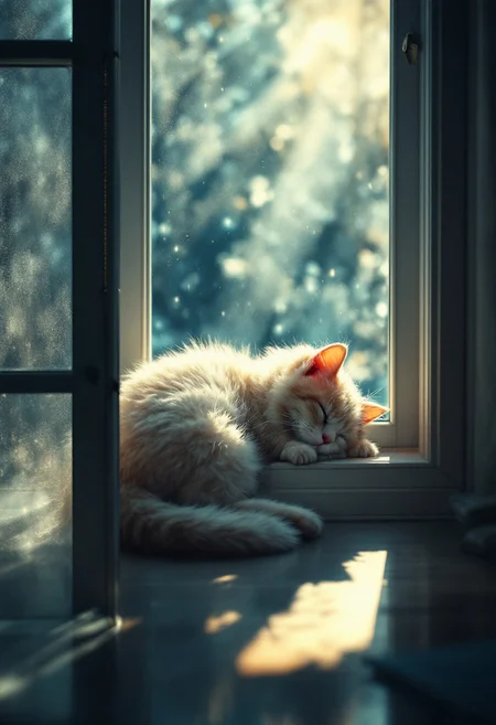 photography tabletop poster with translucent nearly transparent fluffy cat sleeping floating infront of window, high backlight, saturated color scheme, bright light, cast shadow, studio lighting, high contrast, central composition,