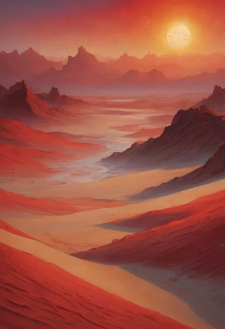 masterpiece, detailed landscape, An oil painting of an alien planet, A planet that is half desert and other half ocean, planet with crazy strong winds. red beam across the screen, Glowing different colors, strong sandy wind, sand is flying, strong water waves, wavy sand patterns, casting an otherworldly glow on the dunes landscape. dreamy landscape with scary shapes, burning hot landscape stretch towards the horizon, many stars are smeared across the sky, pulsing star patterns, almost symmetrical, glittering dust that shimmers like stardust. In the distance,  in a distance sandy hills,
