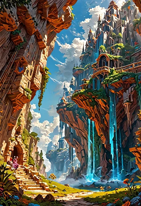 A sprawling valley of cascading waterfalls cutting through layered sandstone cliffs, viewed from a sweeping aerial perspective that reveals turquoise plunge pools and winding river networks. Golden-hour sunlight pierces mist rising from thunderous falls, illuminating intricate textures of water-smoothed rock strata and vibrant moss colonies clinging to vertical surfaces. Close-up details of fern fronds trembling in the perpetual spray, their fractal patterns echoed in the dendritic river deltas below. Low-angle shots framing monolithic cliff faces against swirling cloud formations, while tracking perspectives follow ibex traversing narrow ledges above abyssal gorges. Ultra-detailed 8k rendering captures every water droplet in mid-air suspension and crystalline reflections in ancient rockpools. A symphony of emerald, amber, and sapphire hues created by mineral-rich waters, lichen communities, and twilight's deepening azure gradients across the canyon's stratified geology.